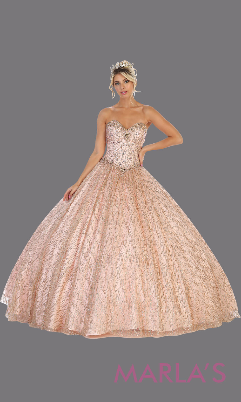 Long rose gold princess quinceanera strapless ball gown. Perfect for pink gold Engagement ballgown dress, Quinceanera, Sweet 16, Sweet 15, Debut and pink champagne Wedding bridal Reception Dress. Available in plus sizes.