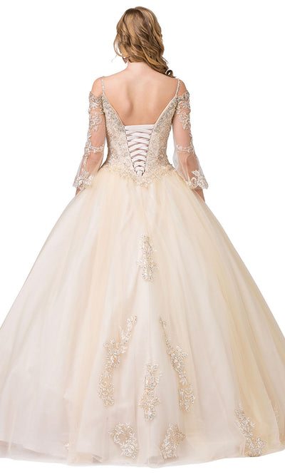 Dancing Queen - 1266 Embellished Corset Bodice Cold-Shoulder Ballgown In Champagne & Gold