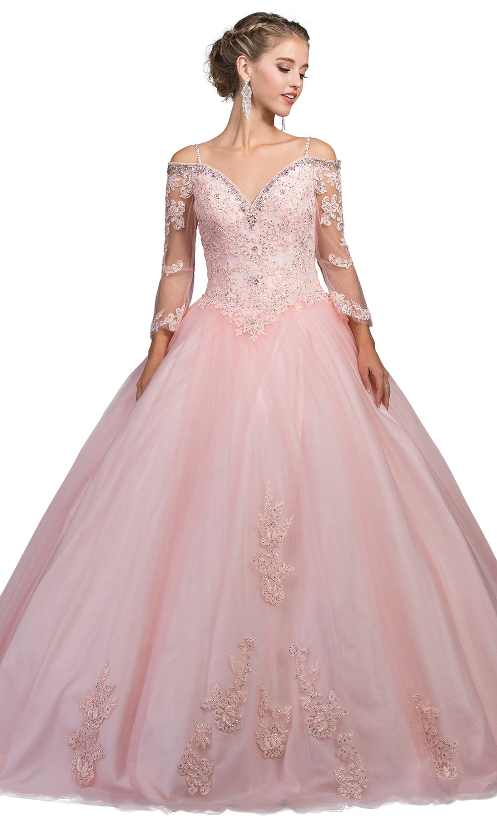Dancing Queen - 1266 Embellished Corset Bodice Cold-Shoulder Ballgown In Pink