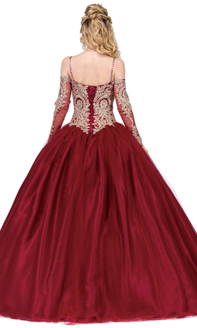 Dancing Queen - 1269 Embroidered Long Sleeve Off Shoulder Ballgown In Red