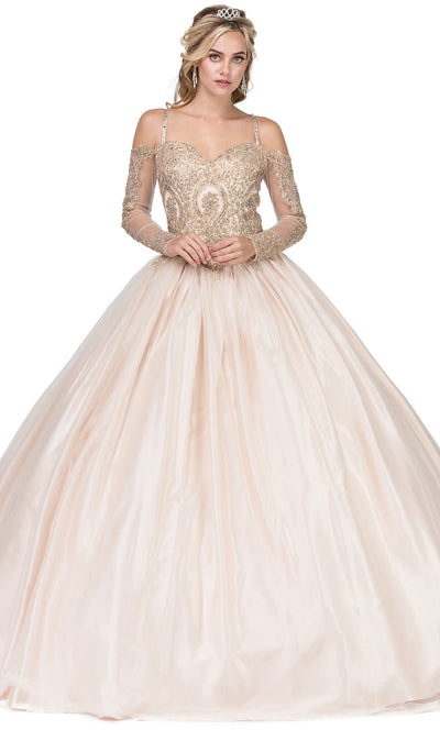 Dancing Queen - 1269 Embroidered Long Sleeve Off Shoulder Ballgown In Neutral