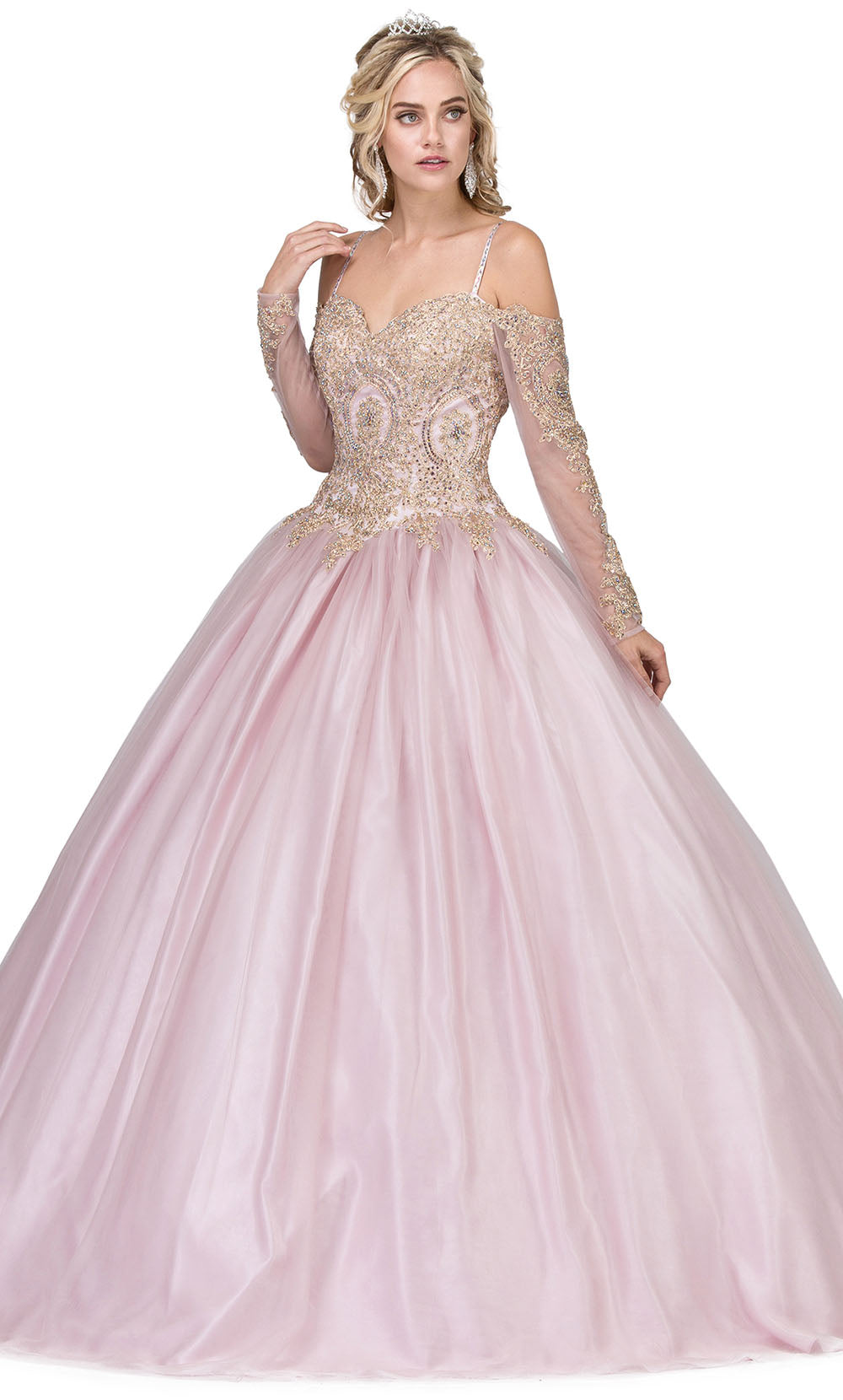 Dancing Queen - 1269 Embroidered Long Sleeve Off Shoulder Ballgown In Pink