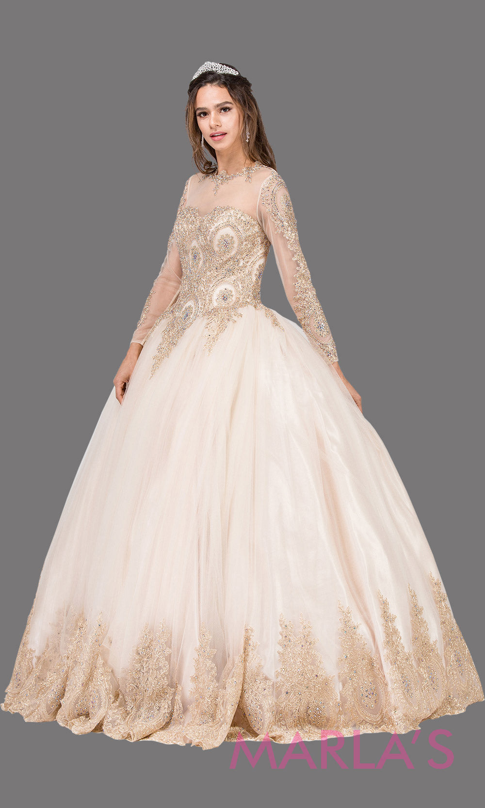 Long sleeve champagne quinceanera ballgown with lace. This high neck corset back light gold ball gown can be worn for Sweet 16 Birthday,Sweet 15, Engagement Ball Gown Dress, Wedding Reception Dress,Debut. Perfect indowestern gown.Plus sizes Avail.