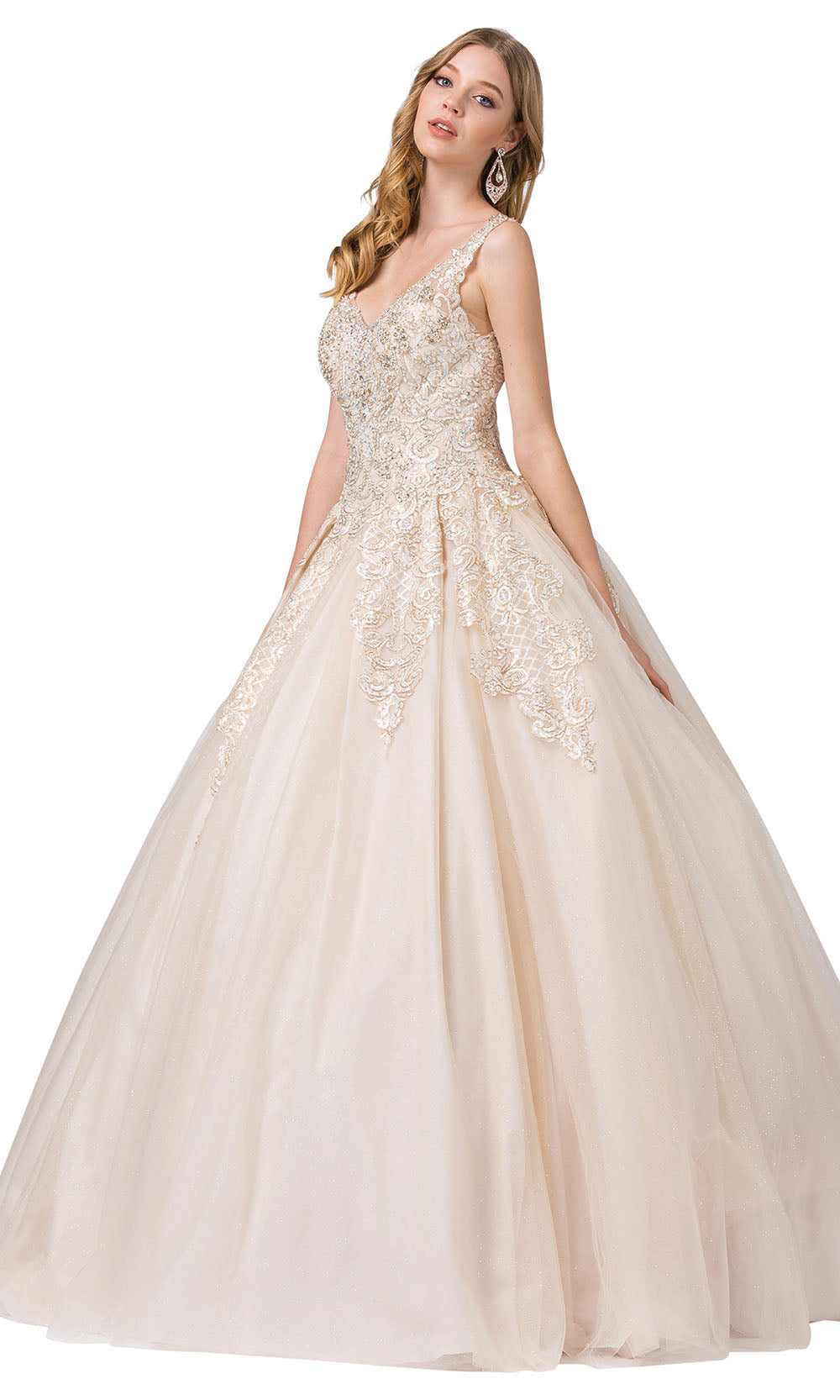 Dancing Queen - 1271 Embroidered Wide V Neck Ballgown In Neutral