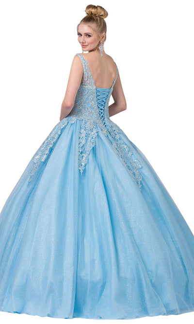 Dancing Queen - 1271 Embroidered Wide V Neck Ballgown In Blue
