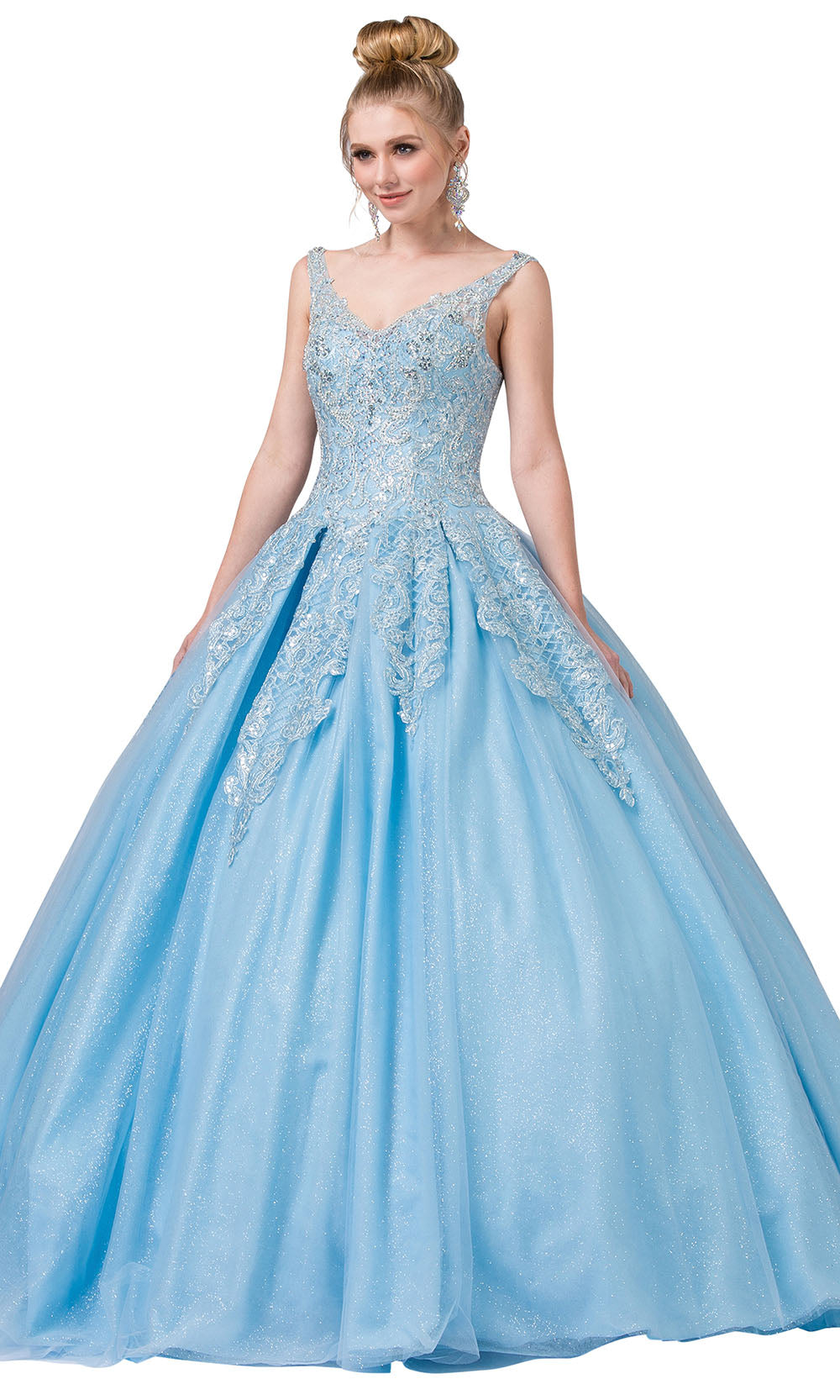 Dancing Queen - 1271 Embroidered Wide V Neck Ballgown In Blue