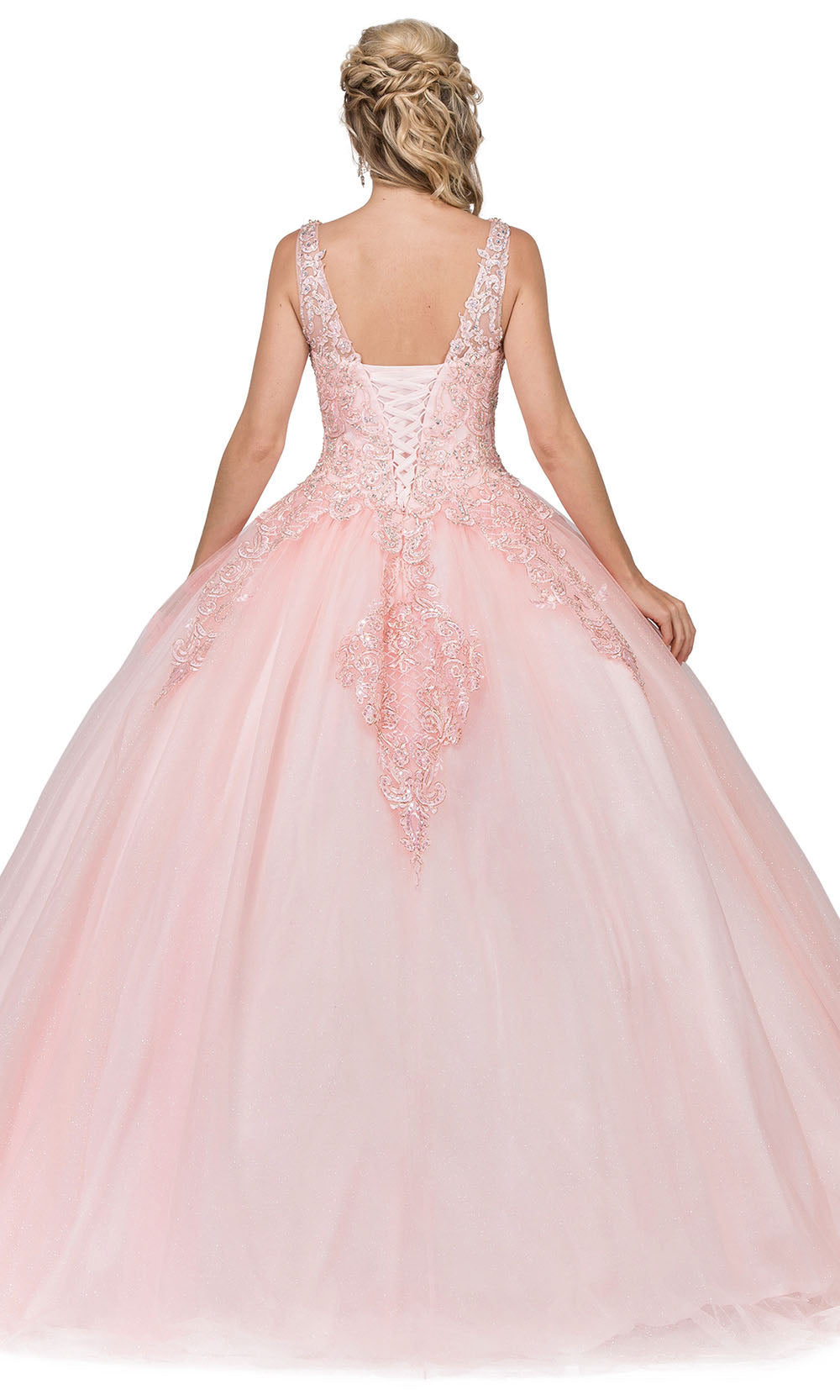 Dancing Queen - 1271 Embroidered Wide V Neck Ballgown In Pink
