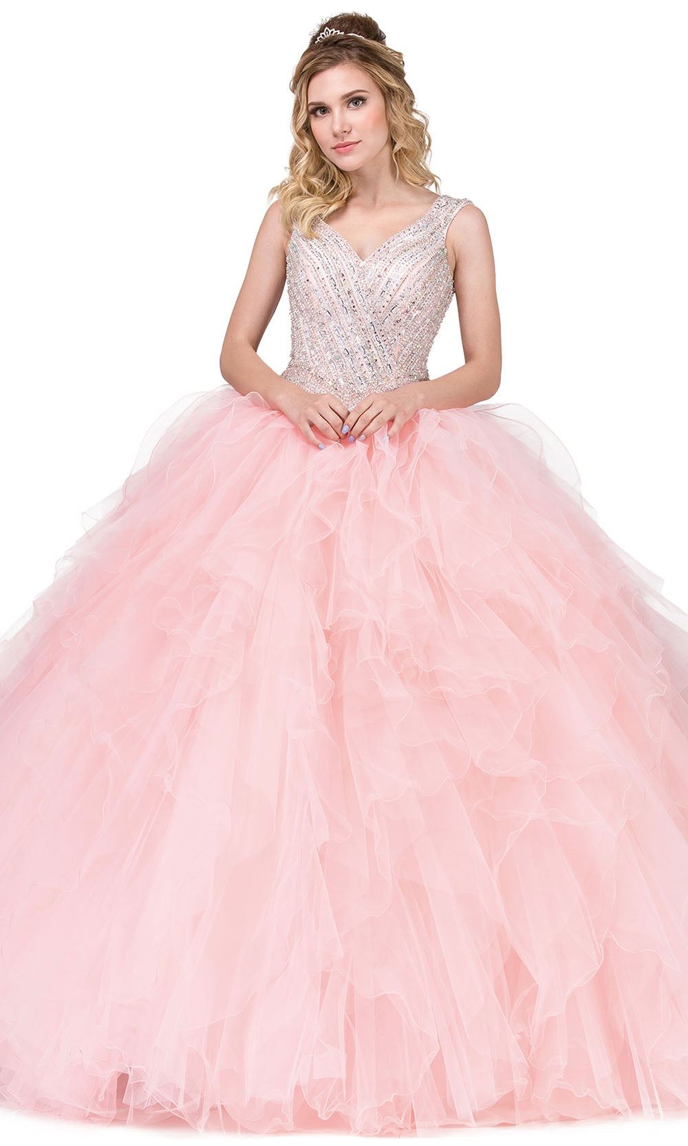 Dancing Queen - 1273 Embellished V Neck Ruffled Ballgown In Pink