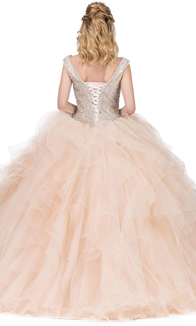 Dancing Queen - 1273 Embellished V Neck Ruffled Ballgown In Neutral