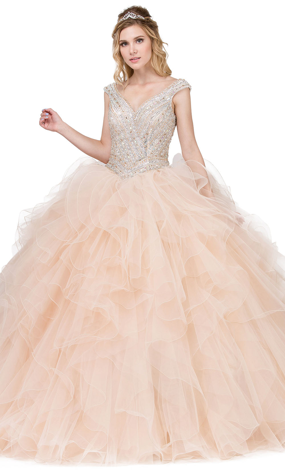Dancing Queen - 1273 Embellished V Neck Ruffled Ballgown In Neutral