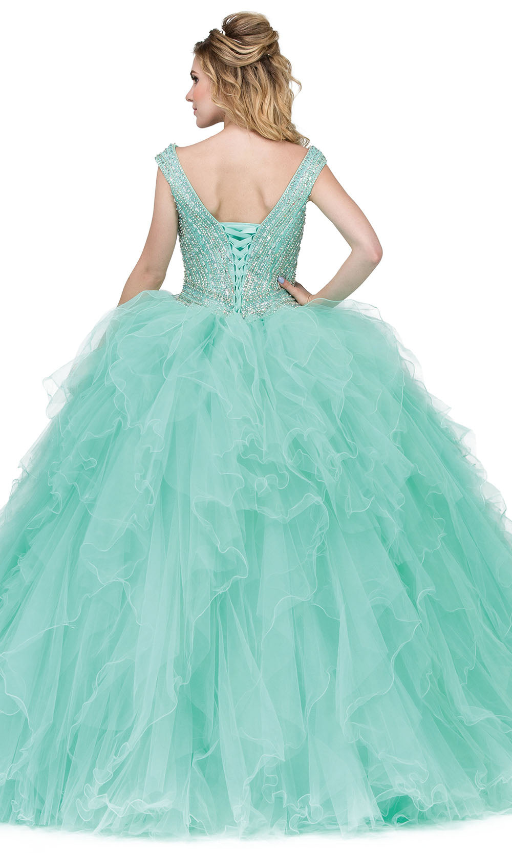 Dancing Queen - 1273 Embellished V Neck Ruffled Ballgown In Green