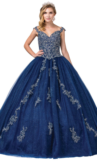 Dancing Queen - 1277 Floral Strap Beaded Lace Embellished Ballgown In Blue