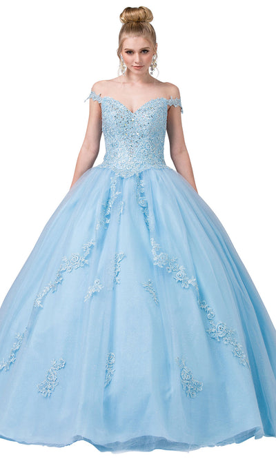 Dancing Queen - 1277 Floral Strap Beaded Lace Embellished Ballgown In Blue