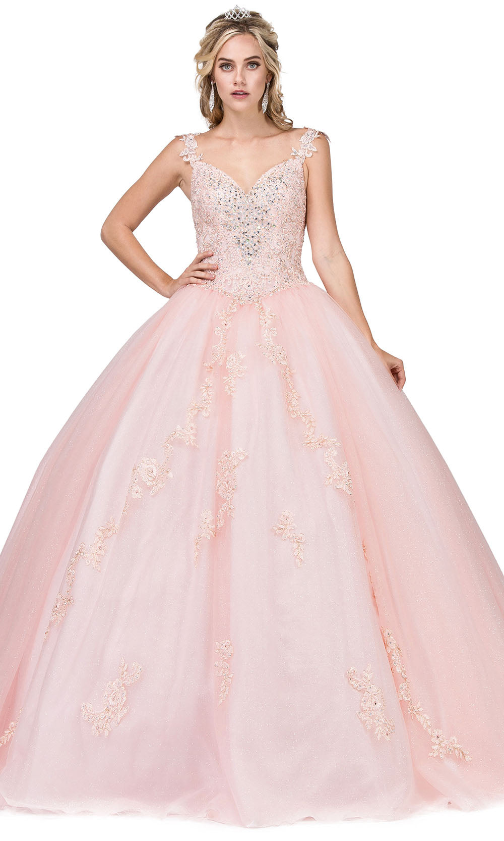 Dancing Queen - 1277 Floral Strap Beaded Lace Embellished Ballgown In Pink