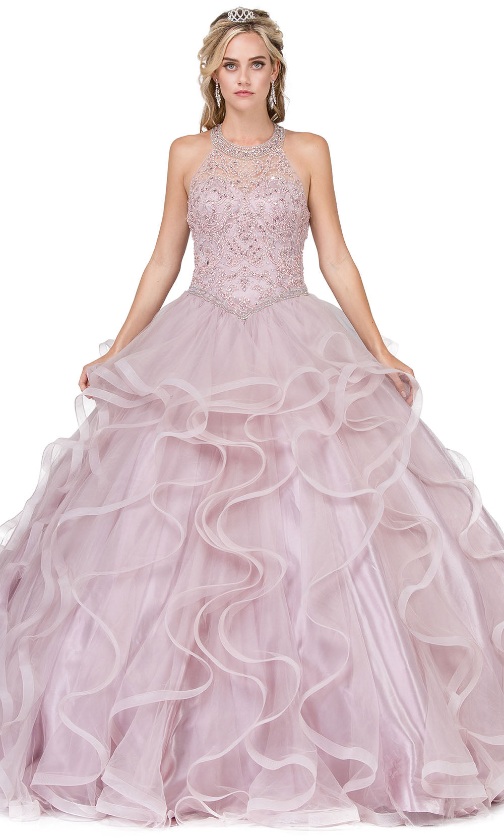 Dancing Queen - 1285 Jewel Beaded Halter Ruffled Gown In Pink