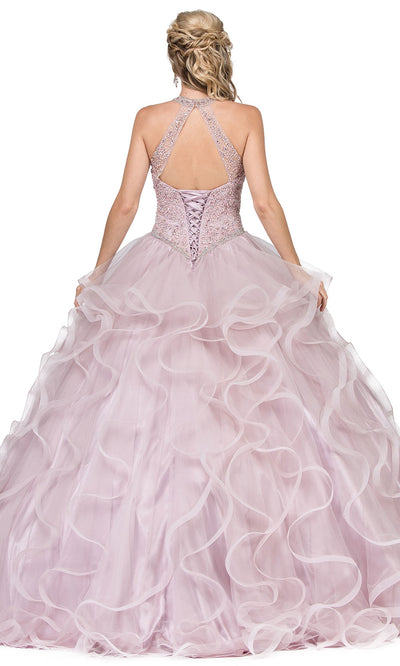 Dancing Queen - 1285 Jewel Beaded Halter Ruffled Gown In Pink