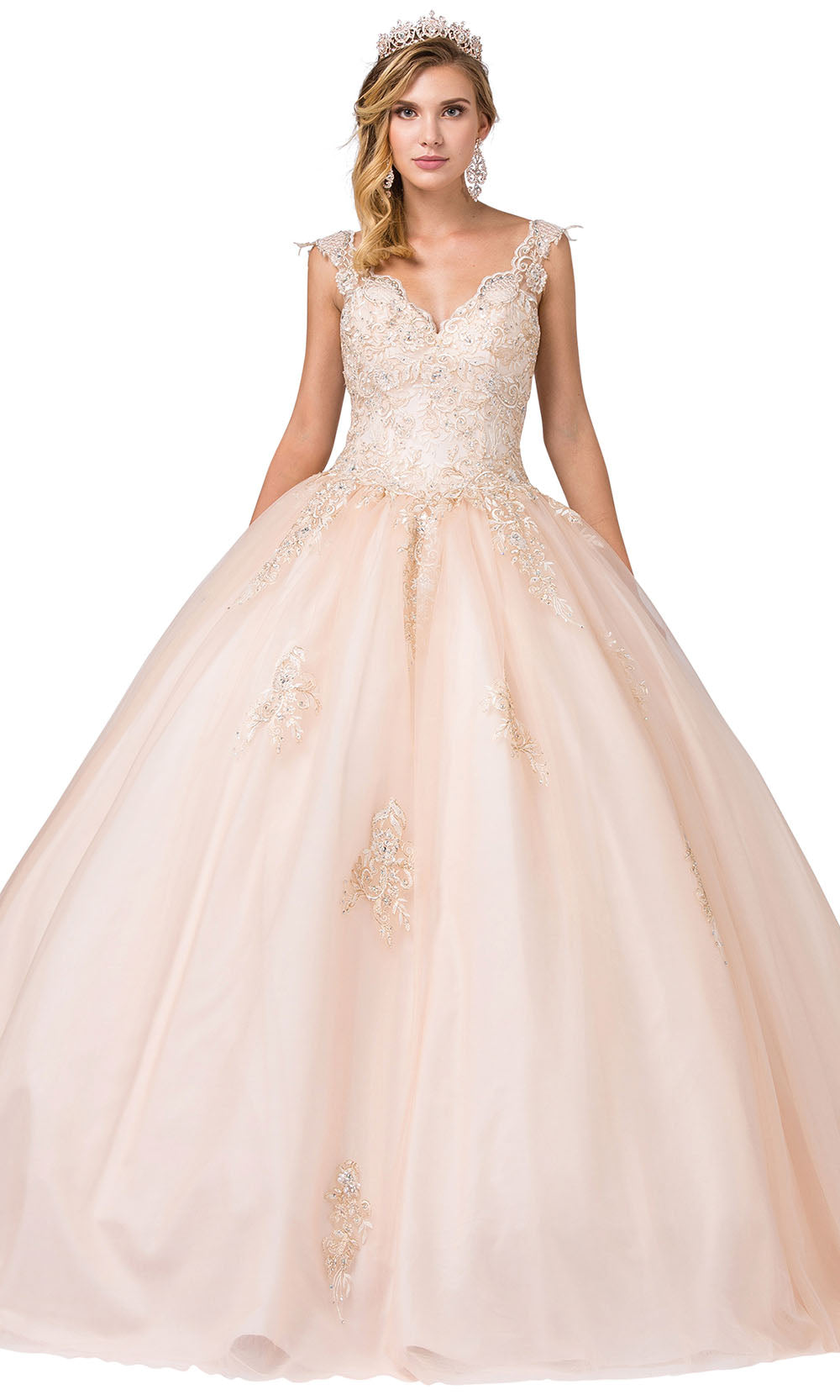 Dancing Queen - 1287 Cap Sleeve Embroidered Ballgown In Champagne & Gold