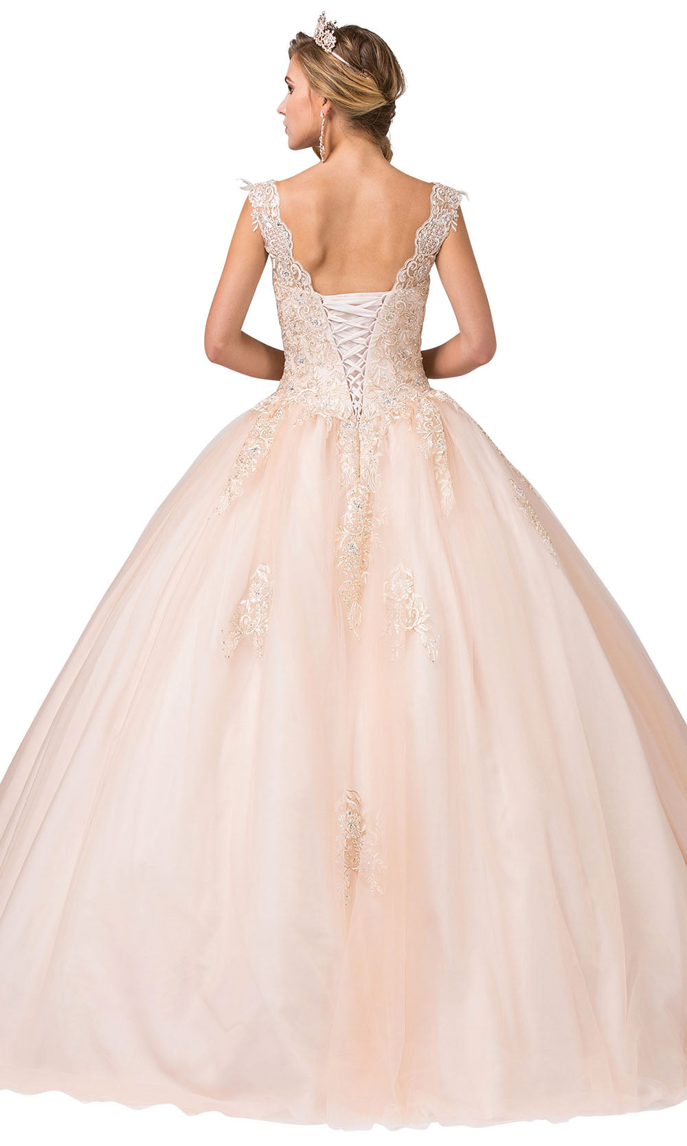 Dancing Queen - 1287 Cap Sleeve Embroidered Ballgown In Champagne & Gold
