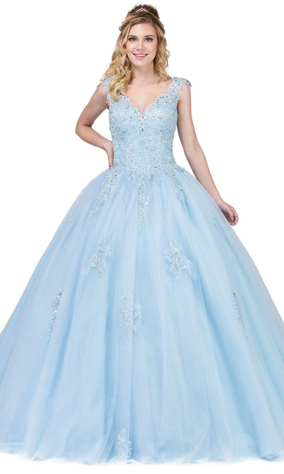 Dancing Queen - 1287 Cap Sleeve Embroidered Ballgown In Blue