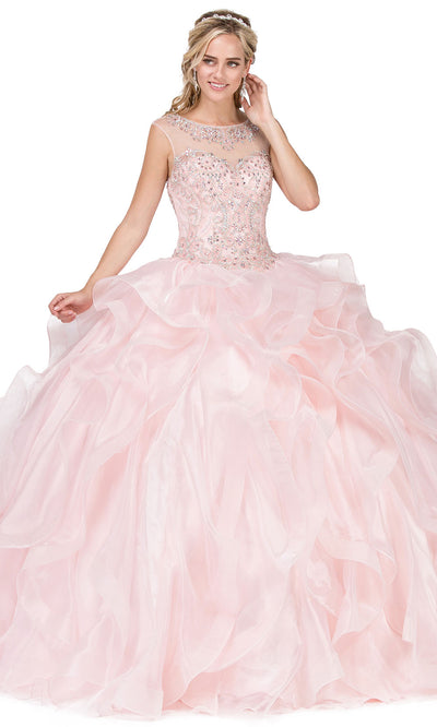 Dancing Queen - 1288 Illusion Bateau Beaded Ballgown In Pink
