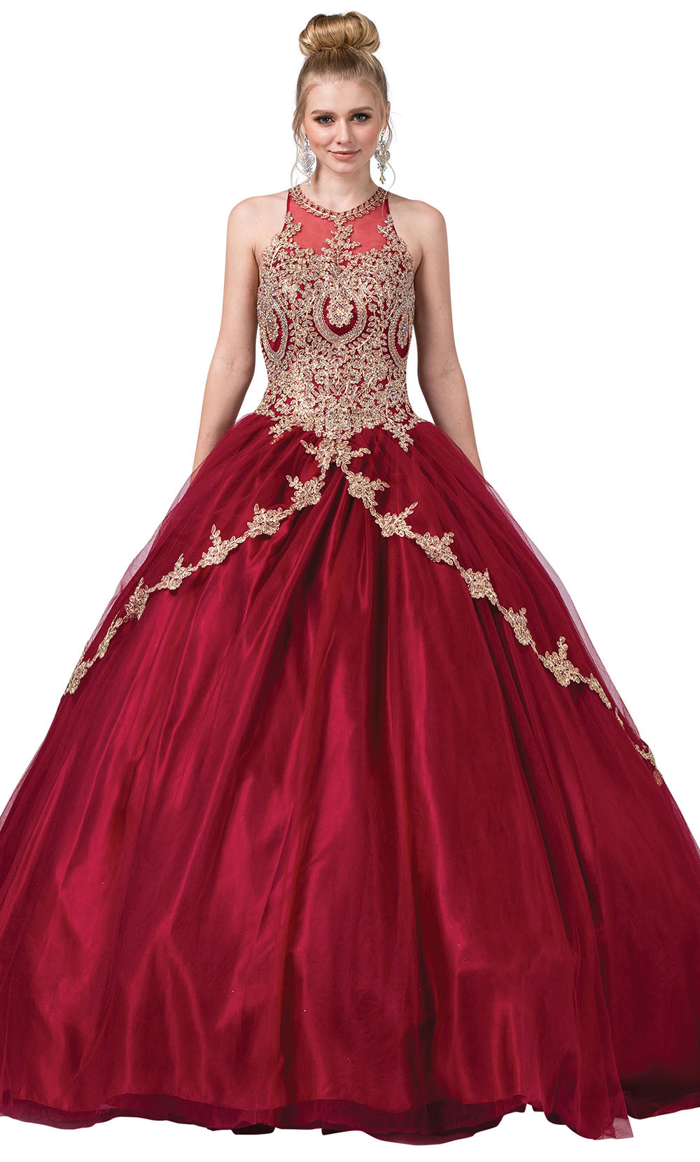 Dancing Queen - 1326 Embroidered Halter Neck Ballgown In Red