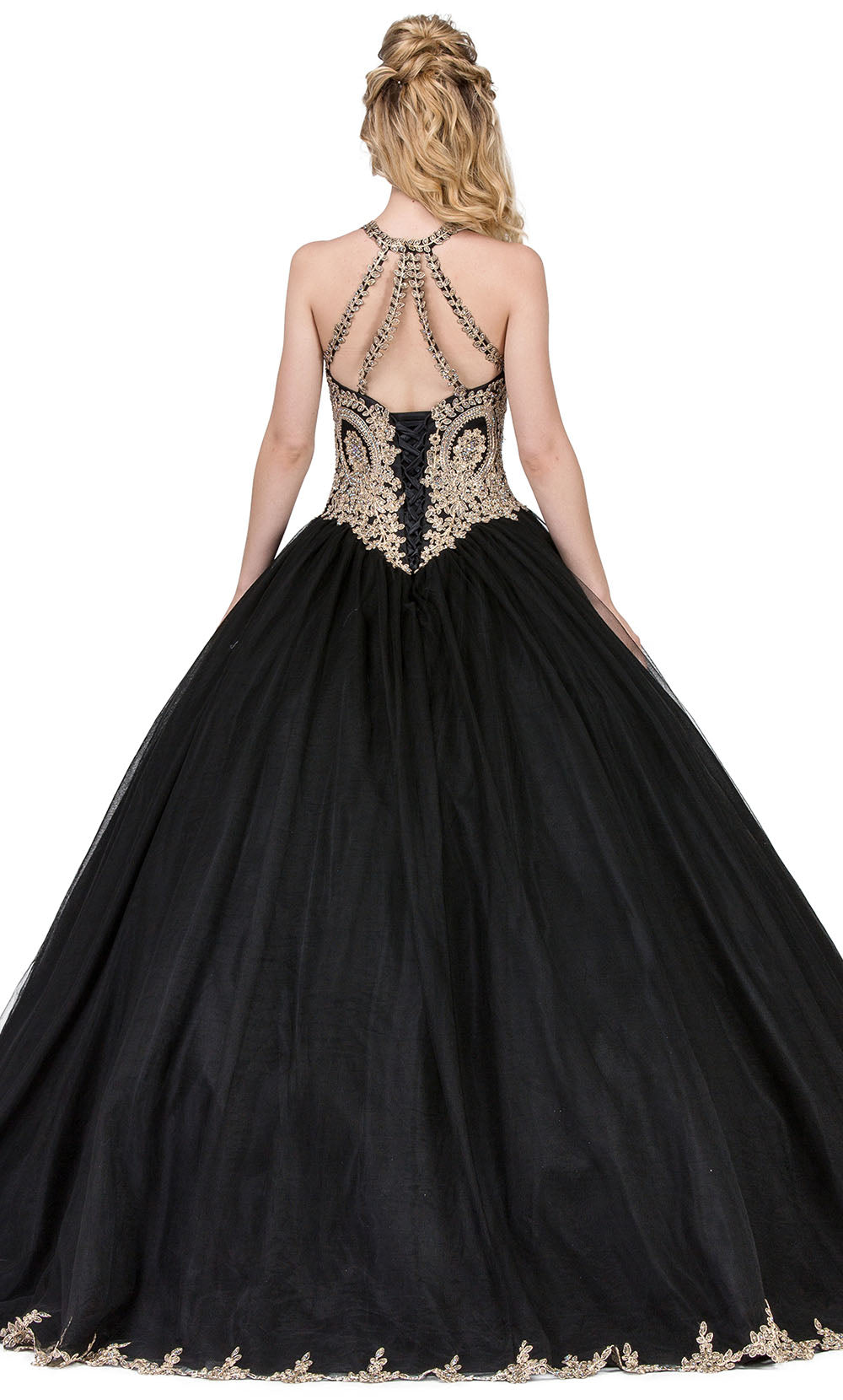Dancing Queen - 1326 Embroidered Halter Neck Ballgown In Black
