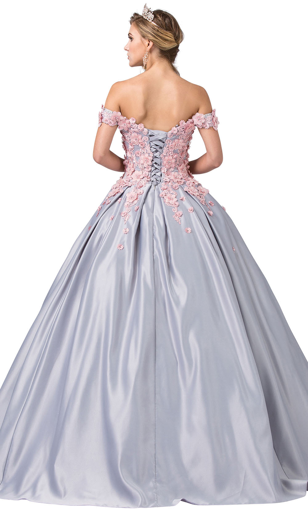 Dancing Queen - 1388 Off Shoulder Floral Metallic Ballgown In Silver and Pink