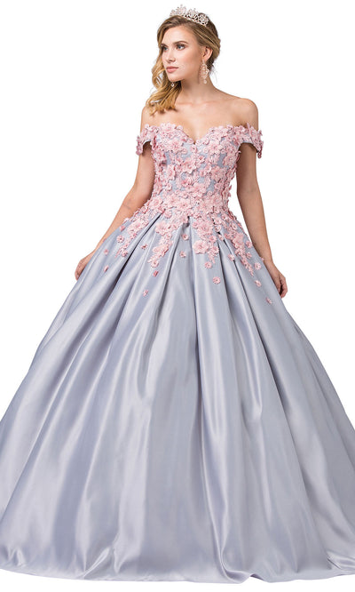 Dancing Queen - 1388 Off Shoulder Floral Metallic Ballgown In Silver and Pink