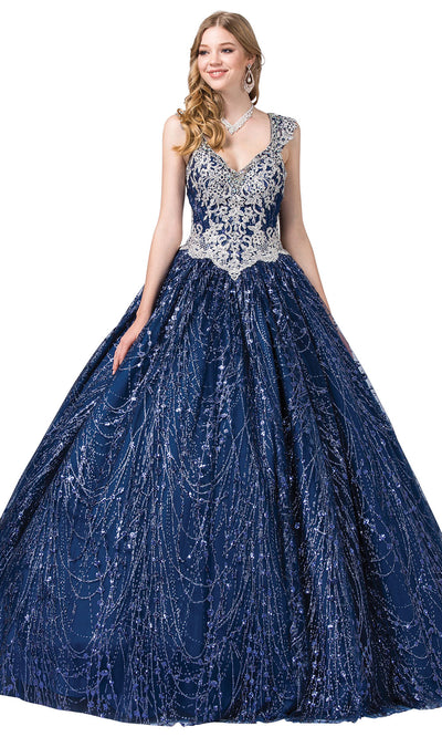 Dancing Queen - 1396 Scallop Trimmed Glitter Print Ballgown In Blue