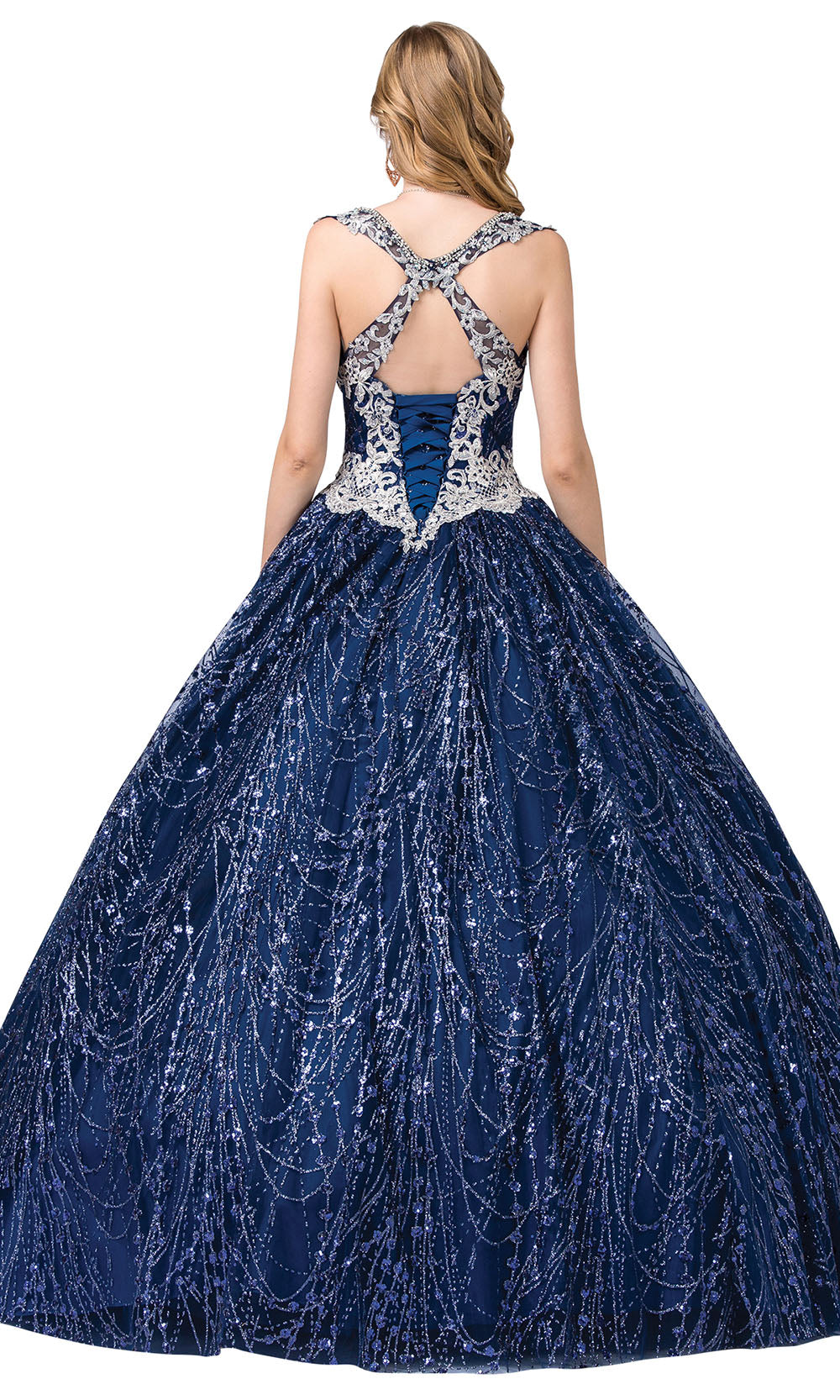 Dancing Queen - 1396 Scallop Trimmed Glitter Print Ballgown In Blue