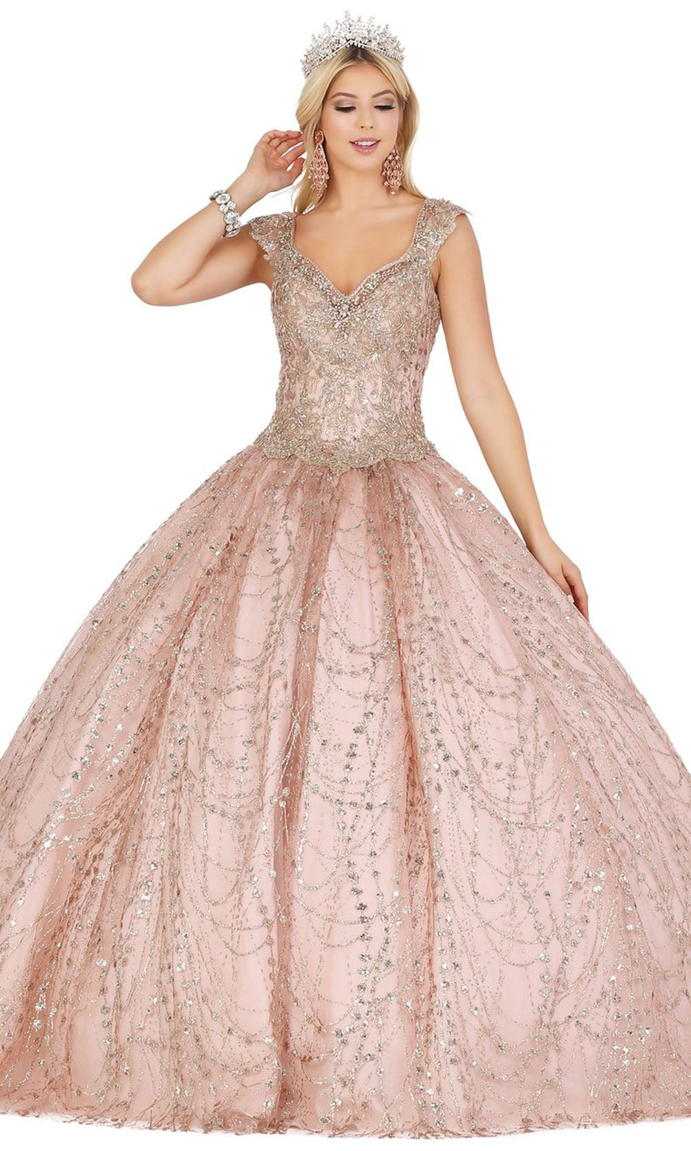 Dancing Queen - 1396 Scallop Trimmed Glitter Print Ballgown In Champagne & Gold