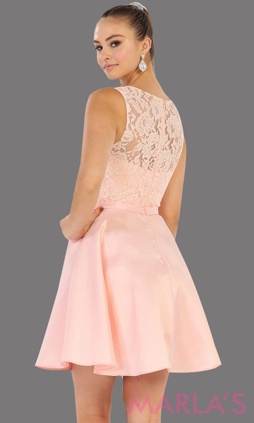 Back of Short simple  semi formal blush pink dress with lace bodice and satin skirt. Light pink dress is perfect for grade 8 grad, graduation, short prom, damas quinceanera, confirmation. Available in plus sizes.grade 8 grad dresses, graduation dresses