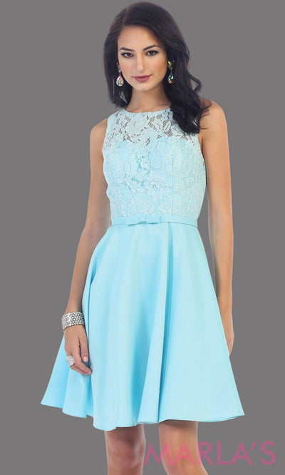 Short simple  semi formal aqua blue dress with lace bodice and satin skirt. Light blue dress is perfect for grade 8 grad, graduation, short prom, damas quinceanera, confirmation. Available in plus sizes.grade 8 grad dresses, graduation dresses
