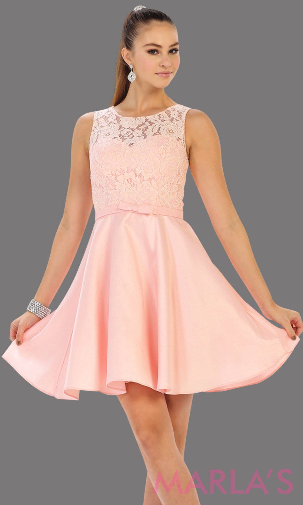 Short simple  semi formal blush pink dress with lace bodice and satin skirt. Light pink dress is perfect for grade 8 grad, graduation, short prom, damas quinceanera, confirmation. Available in plus sizes.grade 8 grad dresses, graduation dresses