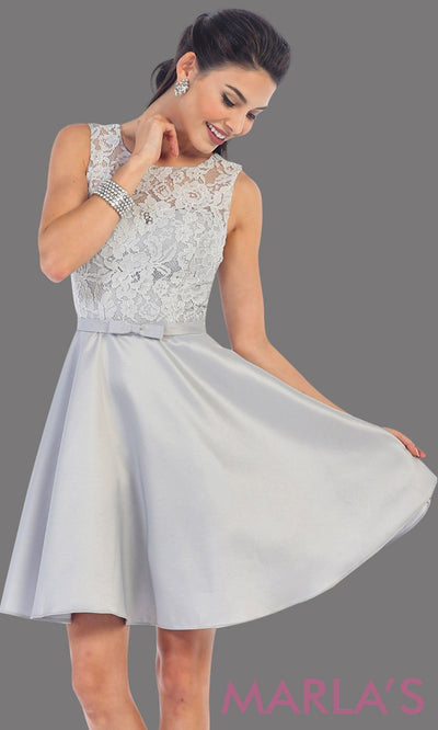 Short simple  semi formal ligth gray dress with lace bodice and satin skirt. Light silver dress is perfect for grade 8 grad, graduation, short prom, damas quinceanera, confirmation. Available in plus sizes.grade 8 grad dresses, graduation dresses