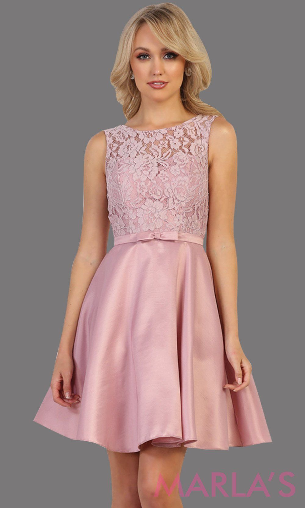 Short simple  semi formal mauve dress with lace bodice and satin skirt. Dusty rose dress is perfect for grade 8 grad, graduation, short prom, damas quinceanera, confirmation. Available in plus sizes.grade 8 grad dresses, graduation dresses