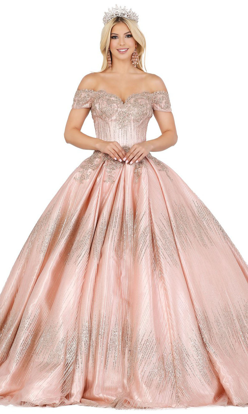 Dancing Queen - 1425 Off Shoulder Lace Trimmed Ballgown In Pink