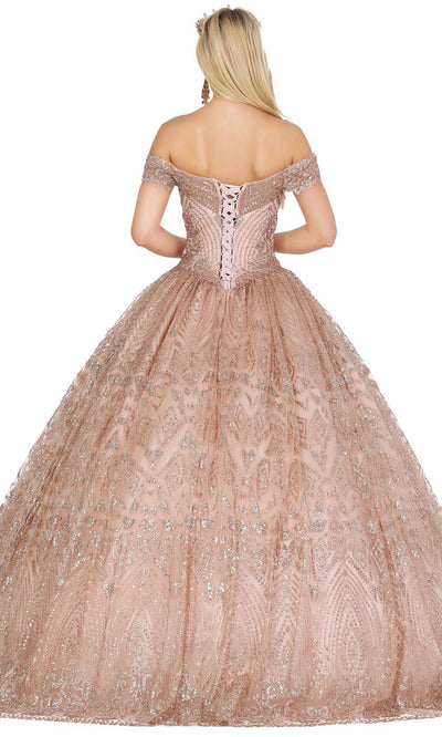 Dancing Queen - 1428 Off Shoulder Glittered Quinceanera Gown In Pink and Gold