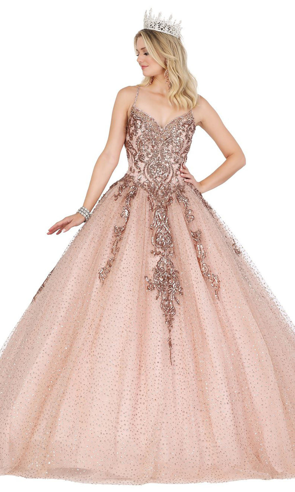 Dancing Queen - 1437 Thin Strapped Sequined Ballgown In Pink and Gold