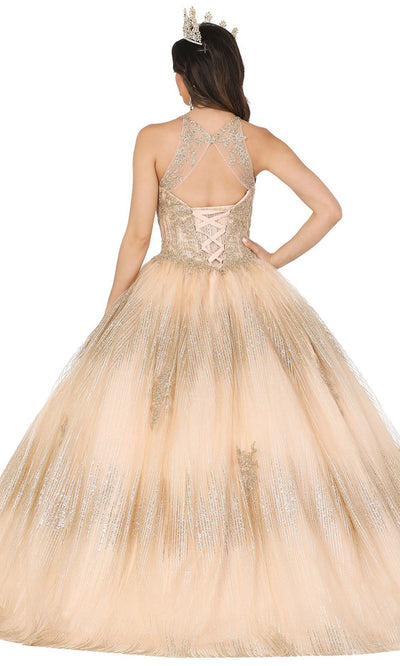 Dancing Queen - 1442 Sleeveless Applique Ornate Ballgown In Champagne & Gold