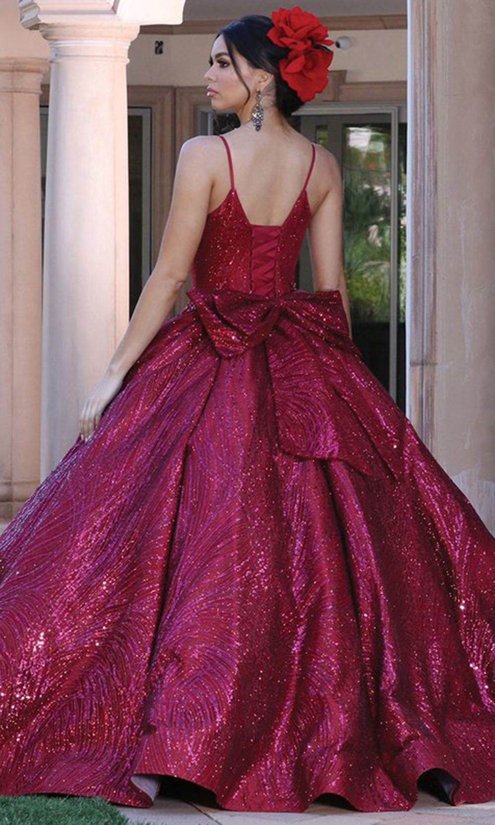 Dancing Queen - 1447 Glitter Bow Accented Back Ballgown In Burgundy