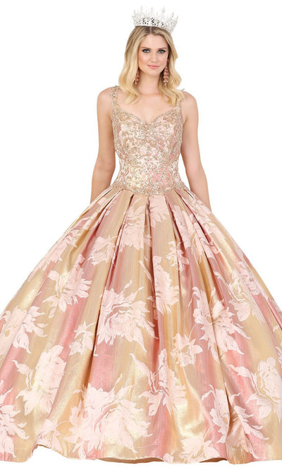 Dancing Queen - 1458 Sleeveless Floral Printed Ballgown In Gold