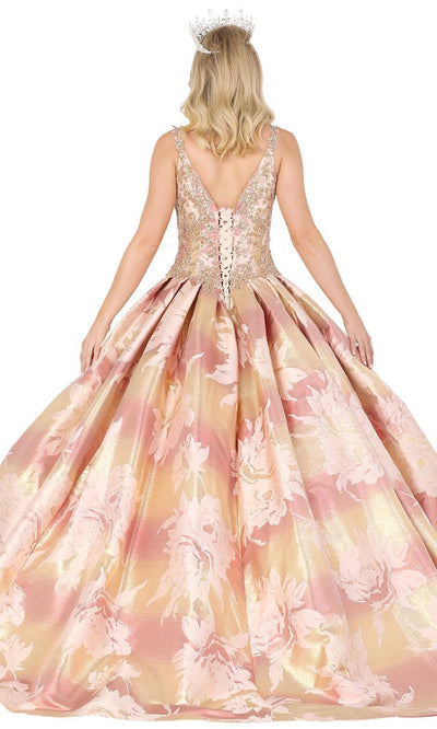 Dancing Queen - 1458 Sleeveless Floral Printed Ballgown In Gold
