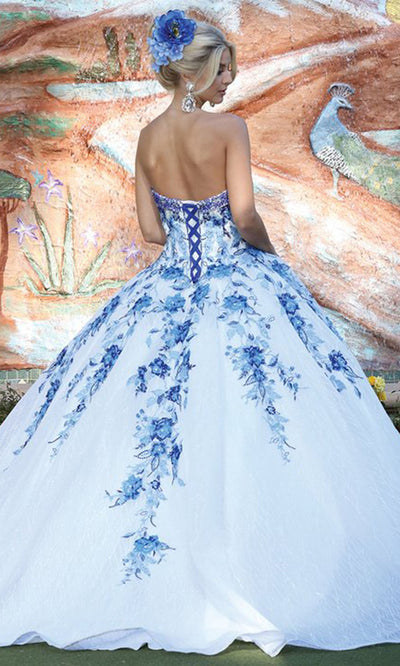 Dancing Queen - 1468 Floral Motif Strapless Sweetheart Ballgown In Blue