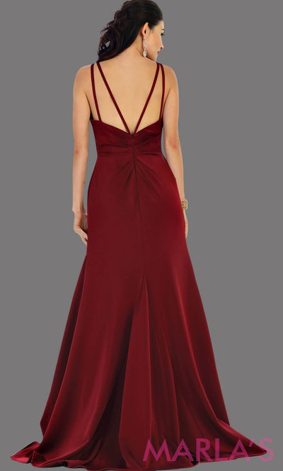 Long fitted burgandy party dress with high slit. This is a sleek and sexy dark red prom dress. It can be worn as a wedding guest dress, or sexy bridesmaid dress
