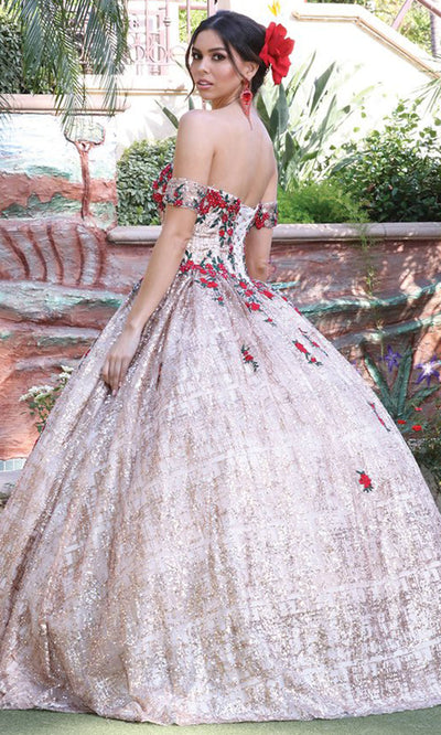 Dancing Queen - 1475 Arm Sleeve Floral Ballgown In Pink and Multi