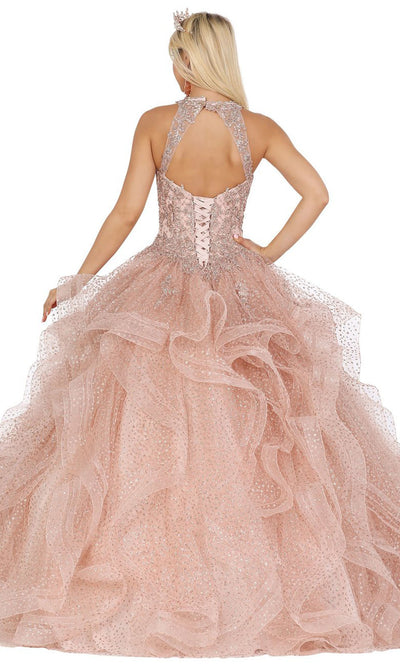 Dancing Queen - 1495 Bejeweled Halter Tiered Ballgown In Pink