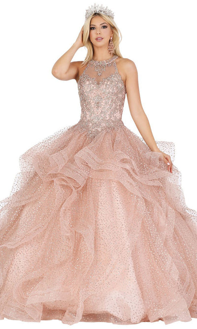 Dancing Queen - 1495 Bejeweled Halter Tiered Ballgown In Pink