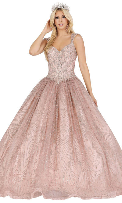 Dancing Queen - 1496 Cap Sleeve Jeweled V-Neck Glitter Ballgown In Pink