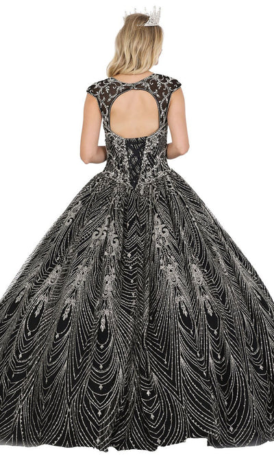 Dancing Queen - 1496 Cap Sleeve Jeweled V-Neck Glitter Ballgown In Black
